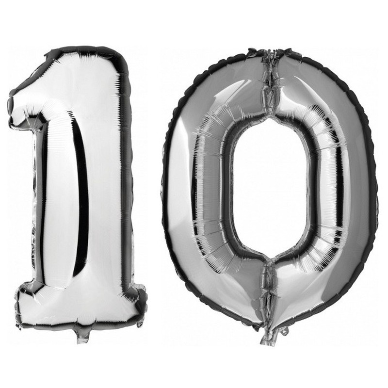 10 jaar zilveren folie ballonnen 88 cm leeftijd/cijfer