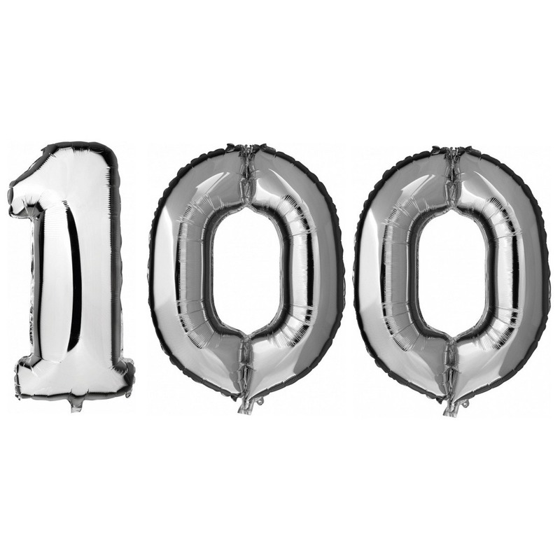 100 jaar zilveren folie ballonnen 88 cm leeftijd/cijfer