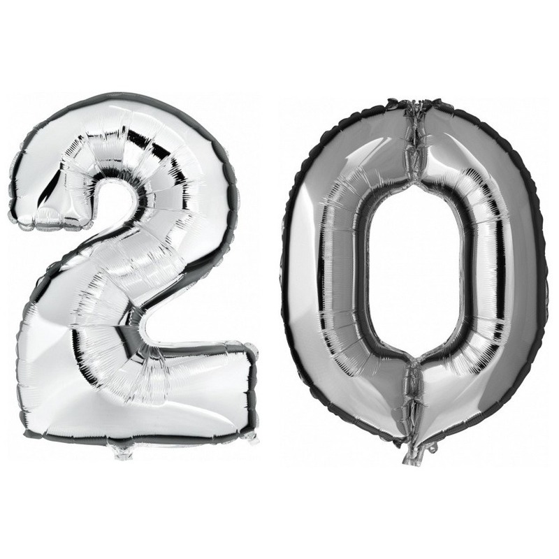 20 jaar zilveren folie ballonnen 88 cm leeftijd/cijfer