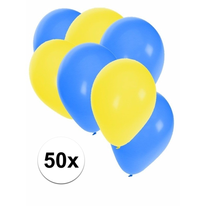 50x Ballonnen 27 cm geel-blauwe versiering