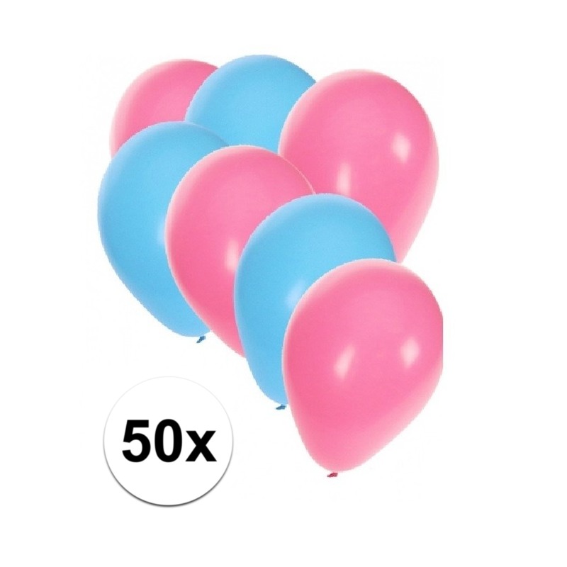 50x ballonnen - 27 cm - lichtblauw / lichtroze versiering