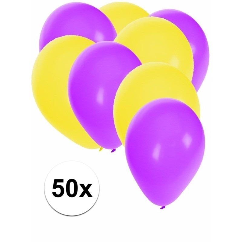 50x ballonnen- 27 cm paars-gele versiering