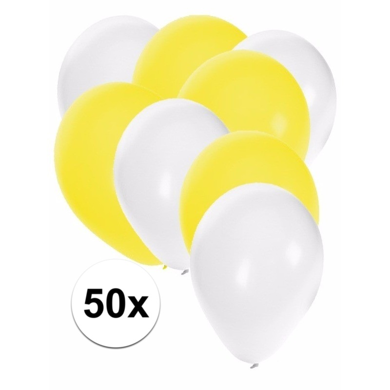 50x ballonnen - 27 cm - wit / gele versiering