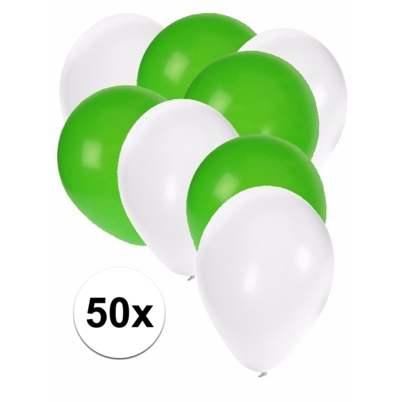 50x ballonnen - 27 cm - wit / groene versiering
