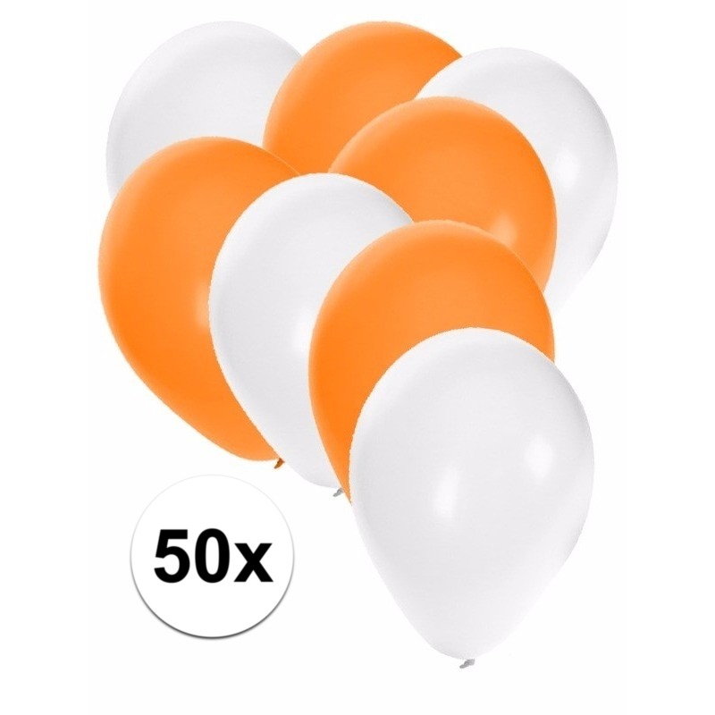 50x ballonnen / 27 cm - wit / oranje versiering
