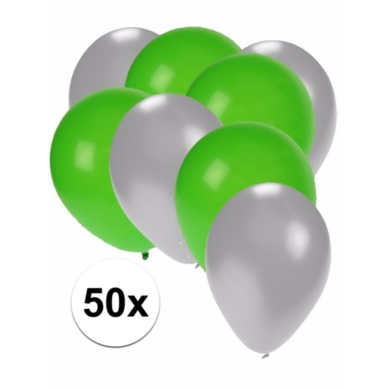 50x ballonnen - 27 cm - zilver / groene versiering