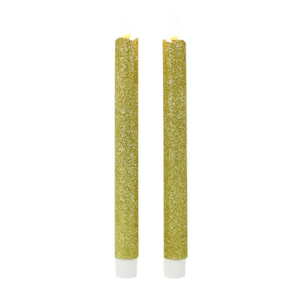 Kaarsen set van 2x stuks LED dinerkaarsen glitter goud 25,5 cm