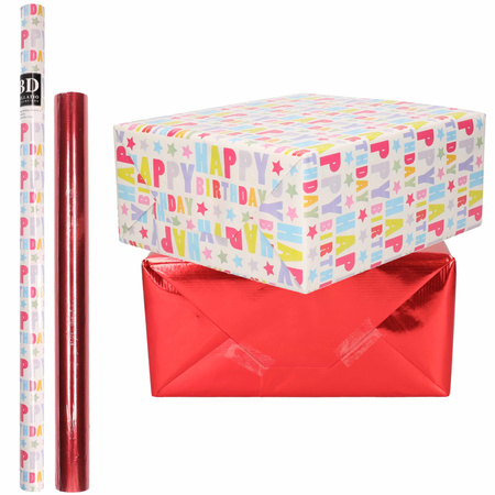 4x Rolls kraft wrapping paper happy birthday pack - metallic red 200 x 70/50 cm