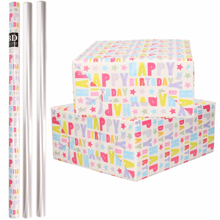 4x Rollen kraft inpakpapier happy birthday pakket - transparante folie 200 x 70 cm