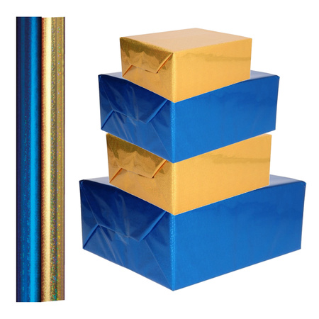 4x stuks rollen Holografische metallic hobbyfolie/cadeaupapier 70 x 150 cm goud en blauw