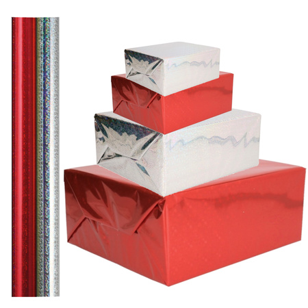 4x stuks rollen Holografische metallic hobbyfolie/cadeaupapier 70 x 150 cm zilver en rood