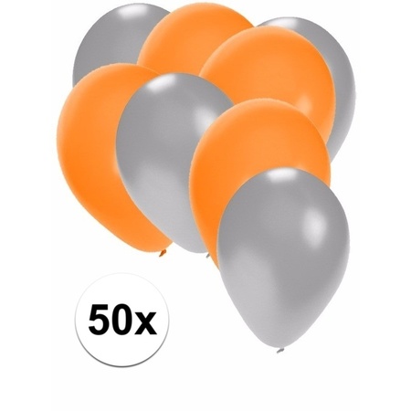 50x ballonnen - 27 cm-  zilver  /  oranje versiering