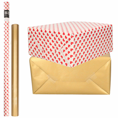 6x Rollen kraft inpakpapier liefde/rode hartjes pakket - mat goud 200 x 70/50 cm