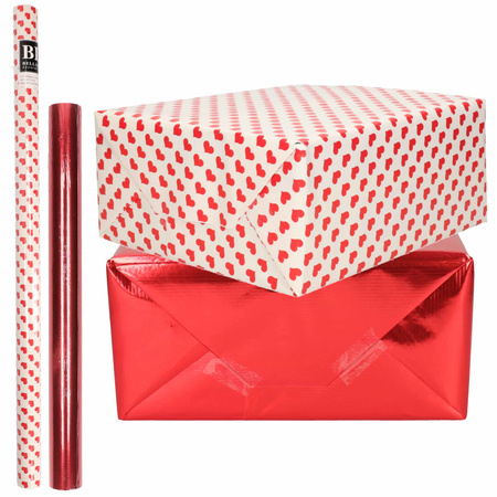6x Rolls kraft wrapping paper red hearts pack - red metallic 200 x 70/50 cm