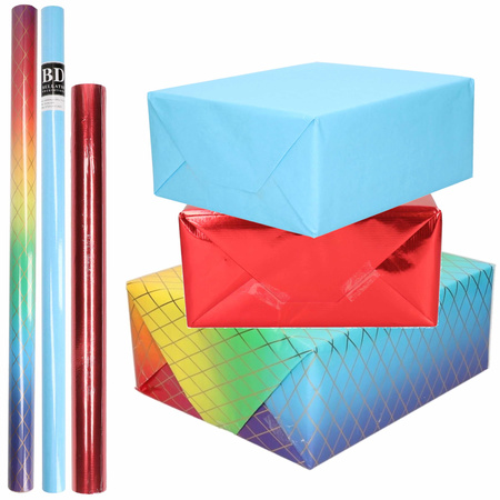 6x Rolls kraft wrapping paper pack metallic red/blue and rainbow 200 x 70/50 cm