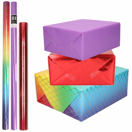 6x Rolls kraft wrapping paper pack metallic red/purple and rainbow 200 x 70/50 cm