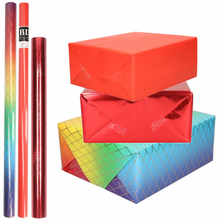 6x Rolls kraft wrapping paper pack metallic red/red and rainbow 200 x 70/50 cm