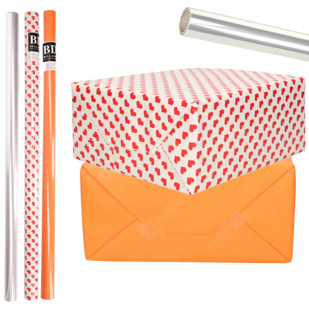 6x Rolls kraft wrapping paper transparant foil/hearts pack - orange/red heart design 200 x 70 cm