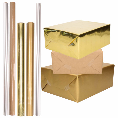 8x Rolls kraft wrapping paper gold/transparant pack - cellophane/brown/gold 500 x 70 cm cm - 400 x 5