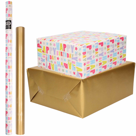 8x Rolls kraft wrapping paper happy birthday pack - gold 200 x 70/50 cm