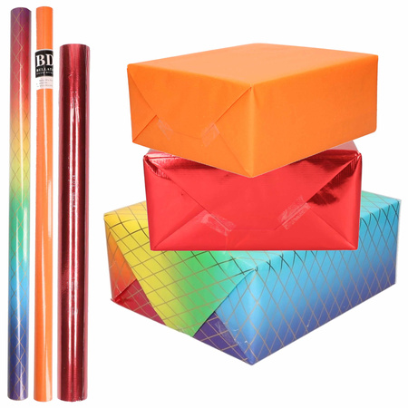 9x Rollen kraft inpakpapier regenboog pakket - regenboog/metallic rood/oranje 200 x 70/50 cm