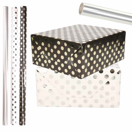 9x Rolls foil wrapping paper silver/golden dots pack - white/black 200 x 70 cm