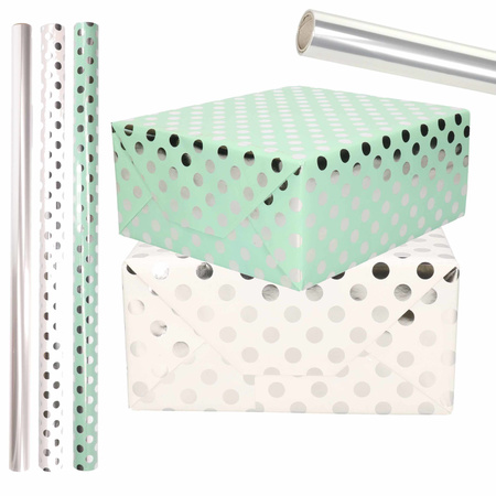 9x Rolls foil wrapping paper silver dots pack - white/mint green 200 x 70 cm
