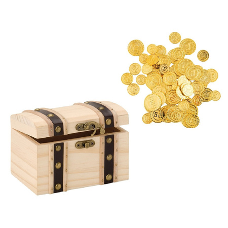 Wooden pirates treasurebox 17 x 12.5 cm with 100x plastic gold money coins