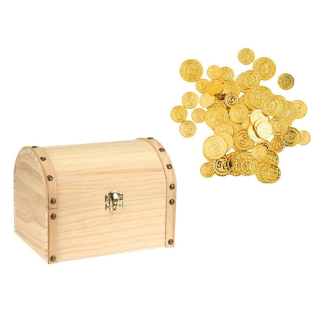 Wooden pirates treasurebox 20 x 15 cm with 100x plastic gold money coins