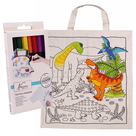 Cotton bag with dinosaur motif - 8x textile markers included - 38 x 42 cm